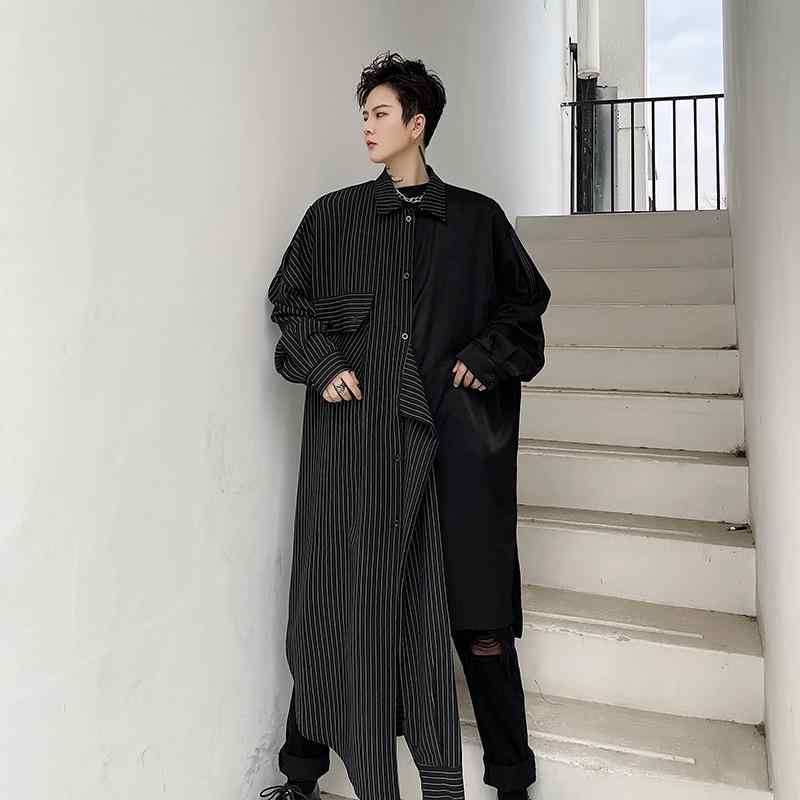 シャツ 男性用 長袖 ストライプ柄 トップス 舞台衣装 カジュアル 韓国 ゆったり ポリエステル ブラック｜ブリルビ