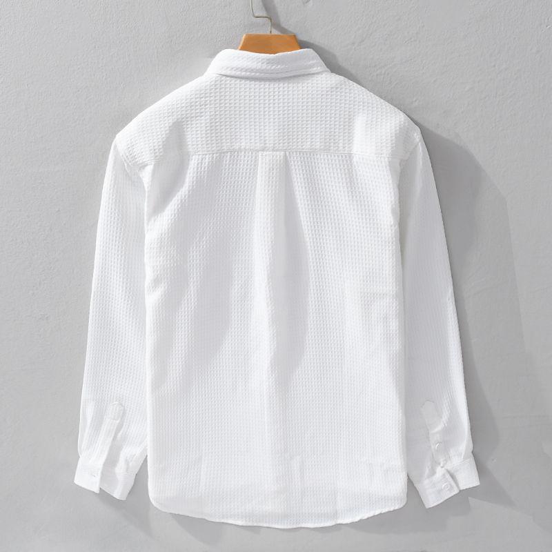 シャツ メンズ 長袖 ポリエステル ワッフル 方襟 無地 ゆったり カジュアル トップス 白 グレー 紺 M L XL 2XL 3XL