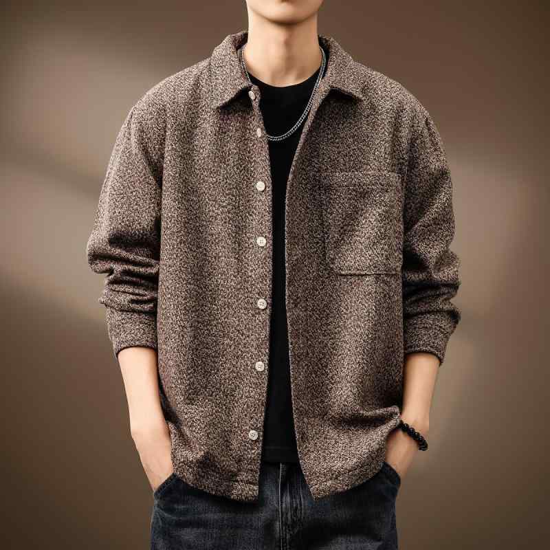 シャツ 男性用 レトロ ジャカード織り リネン トップス 長袖 襟付き ゆったり オーバーサイズ 秋服 ブラック グレー ブラウン