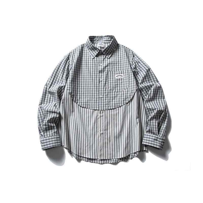 シャツ 男性用 長袖 ルーズフィット 格子柄 切り替え コットンブレンド カジュアル トップス 普段使い 部屋着 秋物 グレー 浅緑