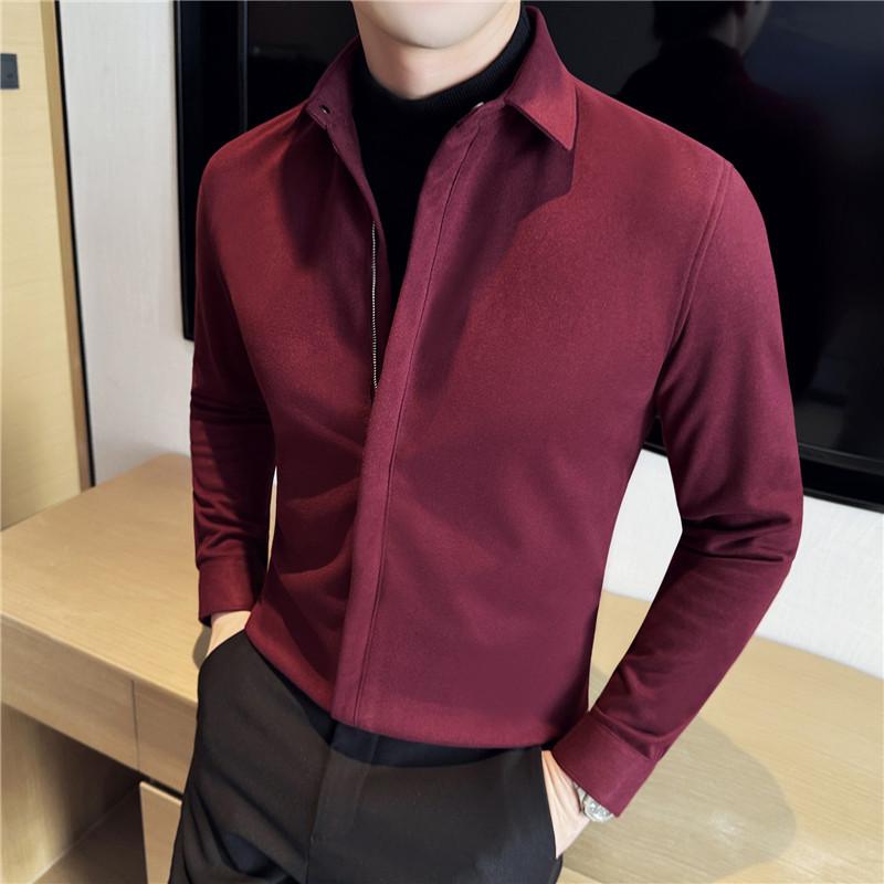 シャツ メンズ 男性用 秋冬 厚手 防寒 ネルシャツ ビジネス カジュアル 長袖 トップス スリム 立襟 普段使い 部屋着 コーヒー色 ダークグレー ブラック ベージュ アンゴラレッド