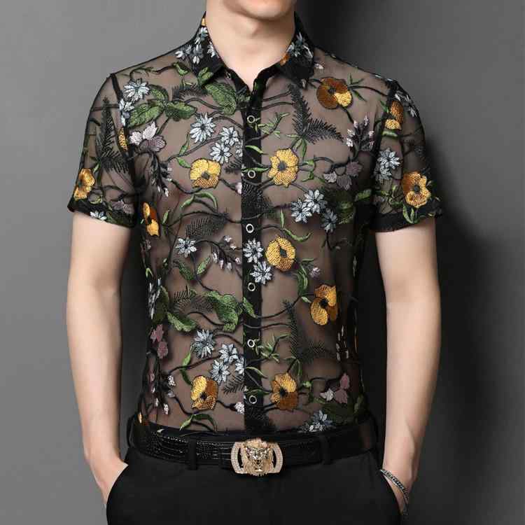 シャツ メンズ 男性用 半袖 シルク混紡 花柄 リゾート ビーチ 薄手 ビジネス カジュアル 合体型 ポリエステル 涼しい