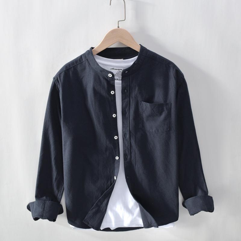 シャツ メンズ 男性用 長袖 コットン カジュアル トップス 立襟 普段使い 部屋着 紺色 グレー M L XL 2XL 3XL