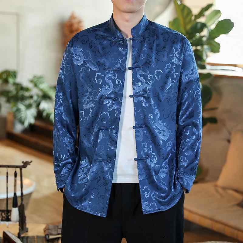 シャツ 男性用 チャイナ風 長袖シャツ 提花模様 ポリエステル混紡 開襟シャツ ゆったりサイズ ホワイト ブラック レッド グレー カーキ ブルー 大人のカジュアルスタイル