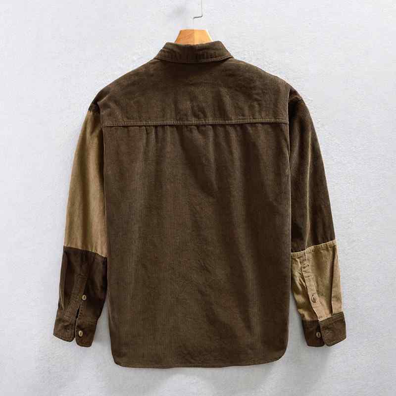 シャツ メンズ 男性用 コーデュロイ トップス 長袖 ワークシャツ 配色 コットン 綿100% 20支 翻? 襟付き 水洗 ウォッシュ加工 ポケット 普段使い リラックス ルーズ ゆったり M L XL 2L 3L 4L 秋