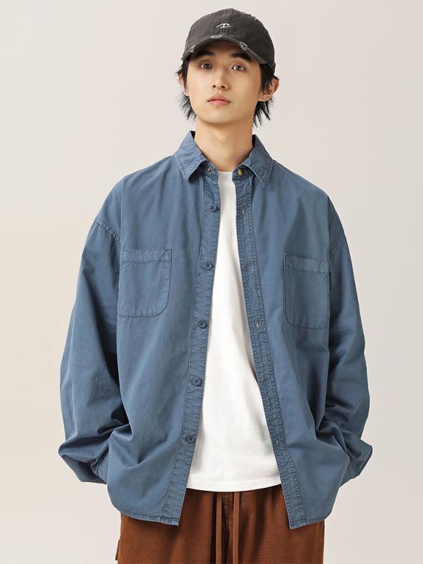 シャツ 男性用 水洗い加工 コットン 長袖 カジュアルシャツ ゆったり トップス ブルゾン 春秋 日系 ワークスタイル 墨藍色 粉霜 濃緑 煉瓦色 カーキ 暗紫色 ネイビー 鉄錆色 スモーキーパープル 黒みがかったグレー