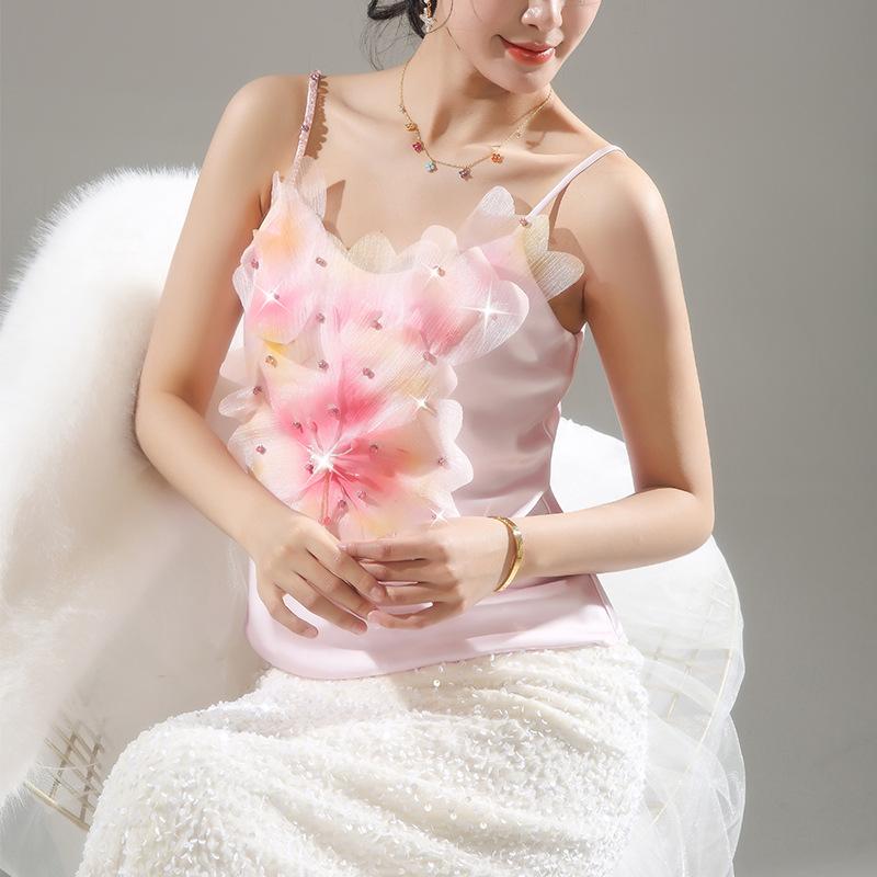 キャミソール レディース 女性用 スリムフィット 花柄 刺・墸 接触冷感 ピンク系 カットソー トップス インナー エレガント レトロ