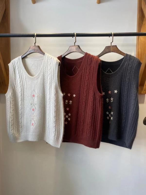 ベスト レディース 秋 森ガール Vネック ウール ゆったり 重ね着 刺繍 花柄 ケーブル編み ひし形 ミドル丈 ベージュ 赤 グレー
