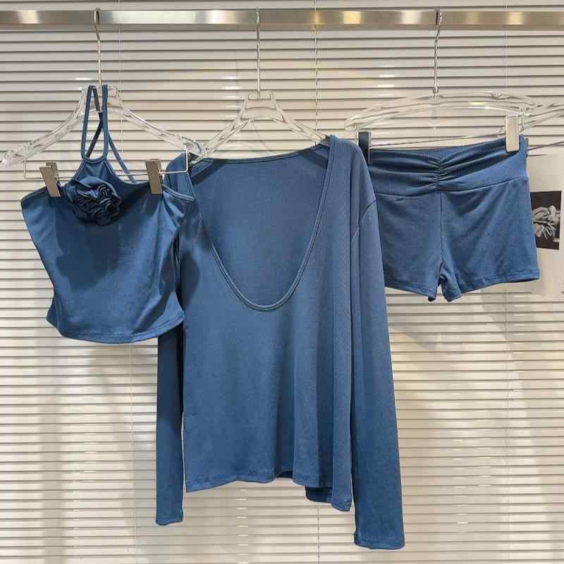 Tシャツ レディース 半袖 Uネック カットソー タンクトップ ショートパンツ 3点セット 部屋着 ルームウェア ブルー ポリエステル