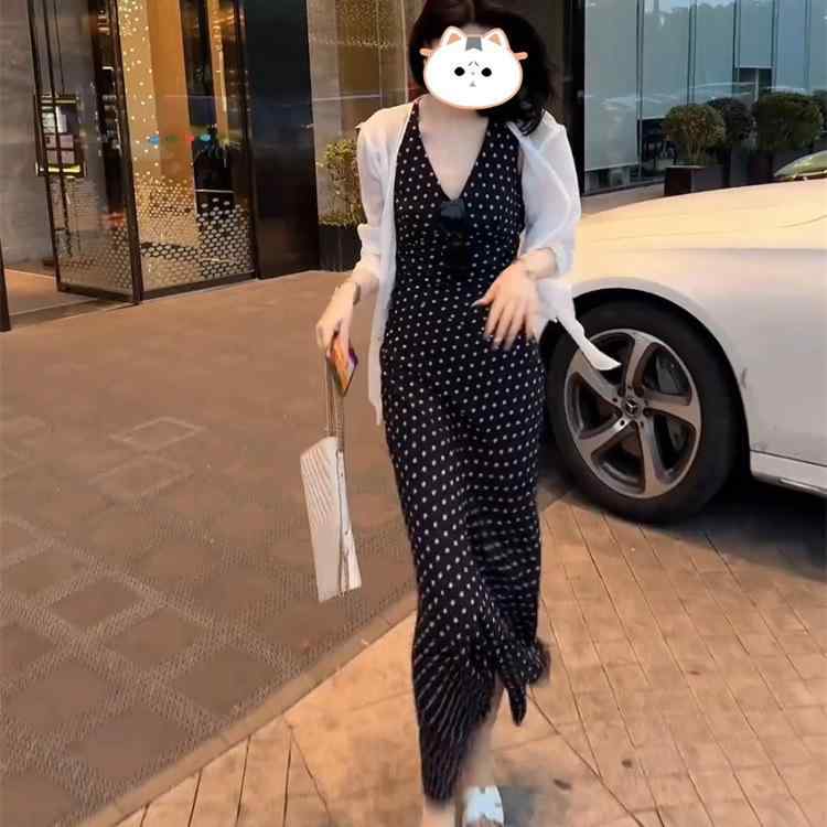 ワンピース レディース Vネック ドット柄 ノースリーブ ロングワンピース カーディガン付き 背中開き ポリエステル フェミニン ガーリー リゾートスタイル｜ブリルビ