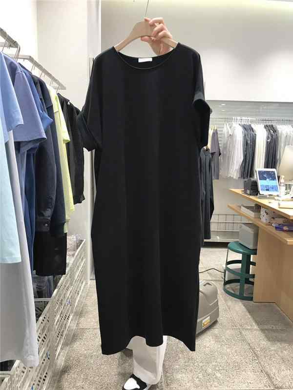 ワンピース レディース Tシャツ 半袖 膝丈 ミモレ丈 コットン ゆったり ラウンドネック 無地 黒 ブラック ブルー ベージュ 韓国 日韓スタイル 普段使い｜ブリルビ