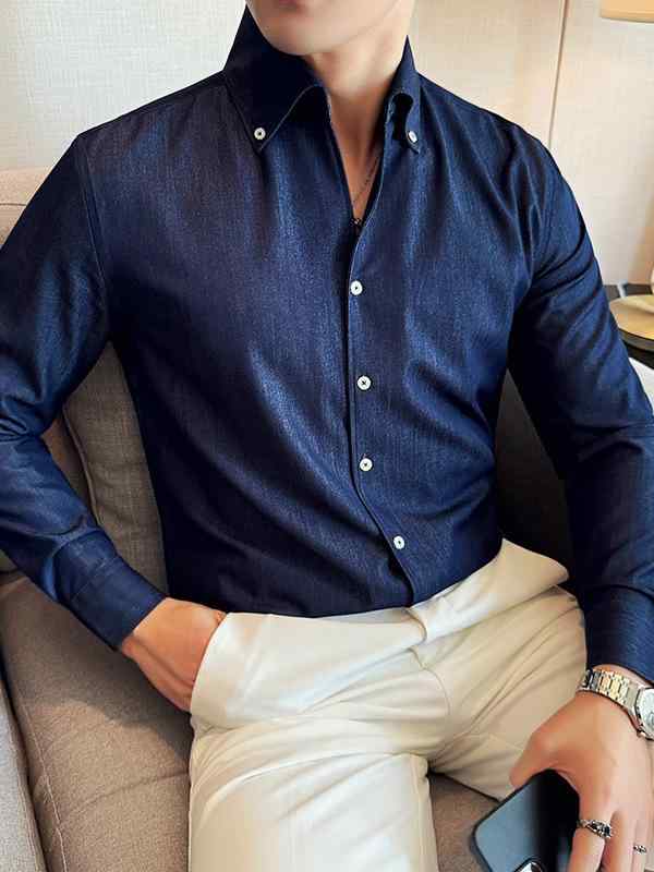 シャツ メンズ 男性用 デニム ブルー 長袖 春秋 秋冬 スリムフィット 耐摩耗性 普段使い