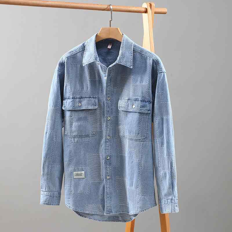 シャツ メンズ 男性用 デニムシャツ 長袖 ワークシャツ 浅ブルー コットン100% ?松 通気性