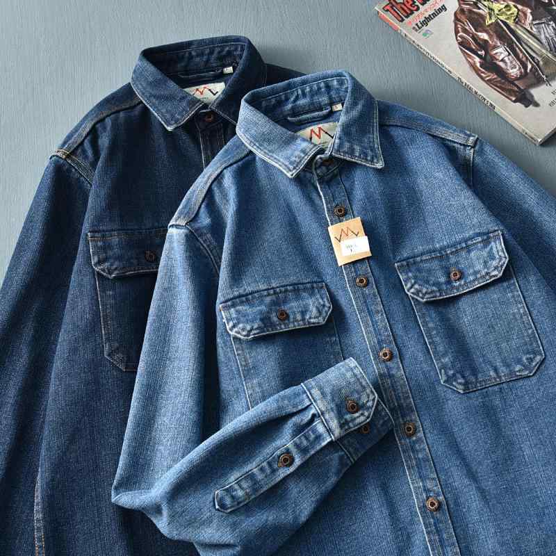 シャツ 男性用 デニムシャツ ウォッシュ加工 ブルー ワークシャツ レトロ ビッグシルエット 麻 長袖 4,725円