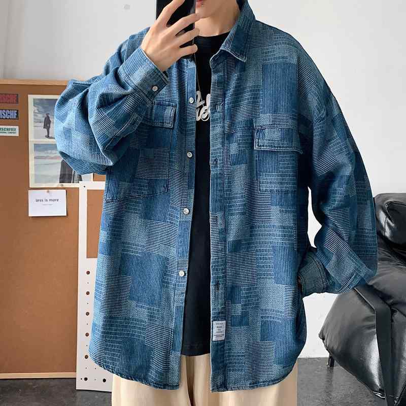シャツ メンズ 長袖 デニム ワークシャツ 原宿風 チェック柄 カジュアル ゆったり 薄手 秋 男性用 トップス 普段使い