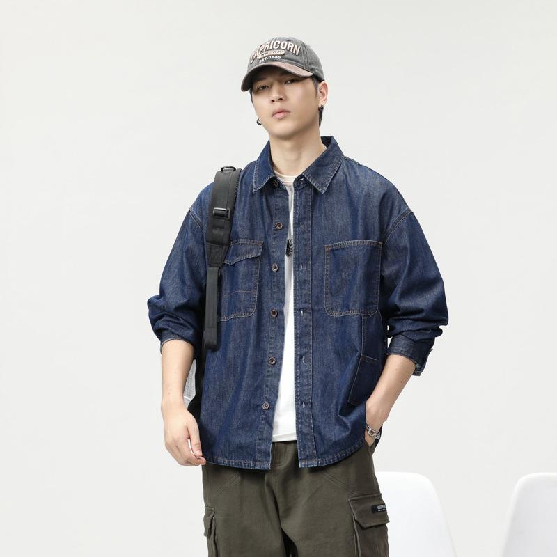 シャツ メンズ 男性用 デニムシャツ 長袖シャツ ワークシャツ ブルゾン Gジャン 接触冷感 吸湿速乾 普段使い 薄手 ゆったり ブルー2