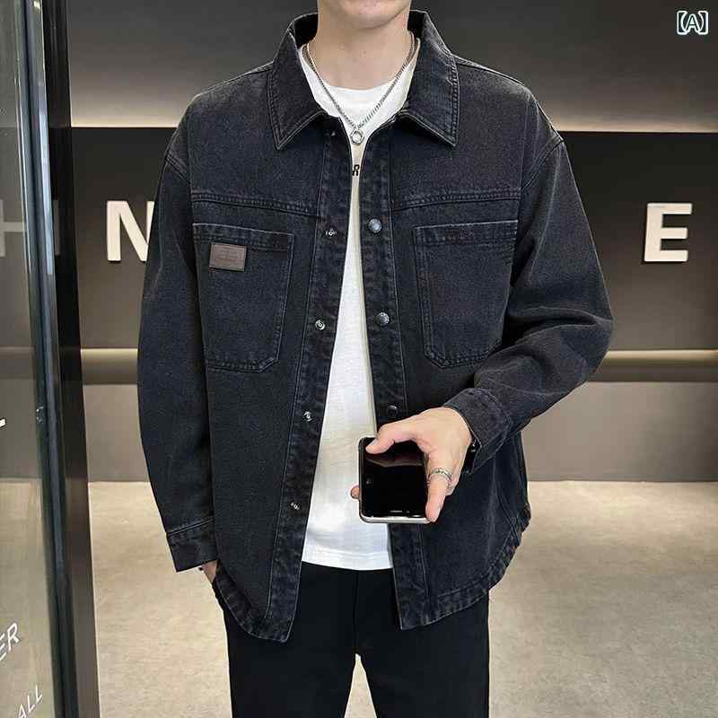 シャツ 男性用 デニムジャケット ブラック Gジャン ブルゾン トップス 長袖 接触冷感 伸縮性 普段使い アウトドア ゆったり