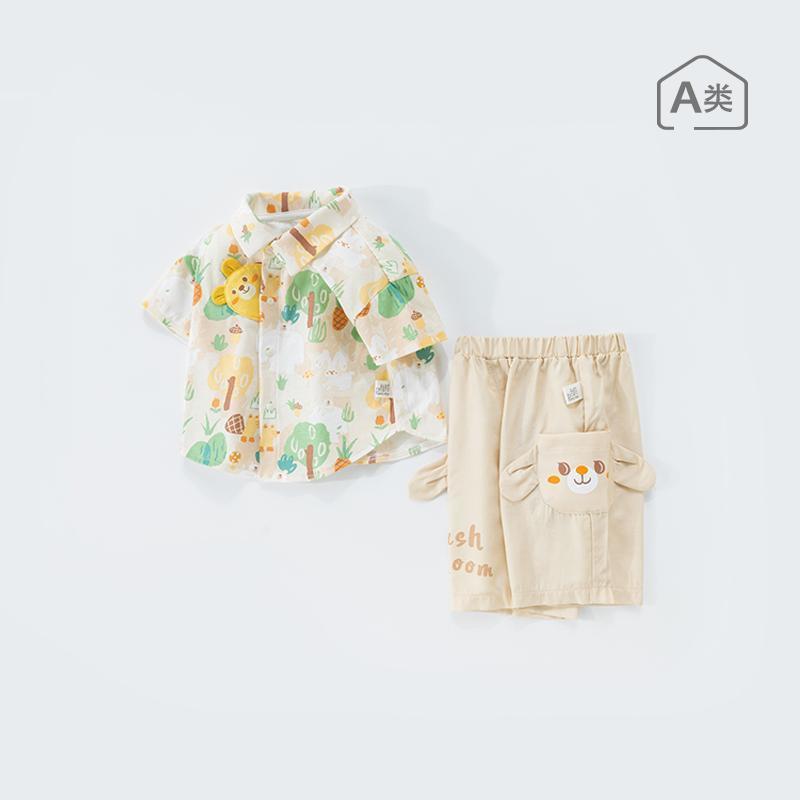 ベビー服 男の子 半袖シャツセット 夏物 薄手 子供服 上下セット 2点セット 綿 カートーン柄 ミルクホワイト 80cm 90cm 100cm 110cm 120cm