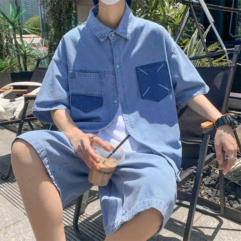 メンズ ジーンズ セットアップ 半袖 プルオーバー 遊撃手ズボン下 成人男性用 運動競技御召しもの ウォッシュ製作 綿織物
