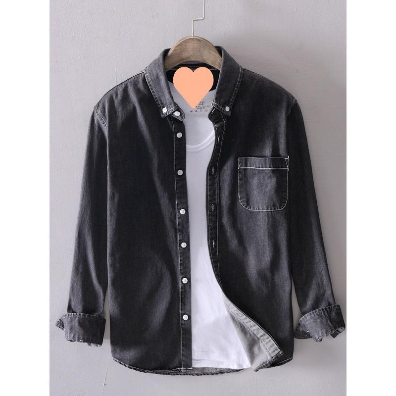 シャツ 男性用 長袖 水洗い デニム ウォッシュ加工 ワークシャツ カジュアルシャツ トップス 普段使い ビッグシルエット ゆったり 大きいサイズ 部屋着 ポリエステル