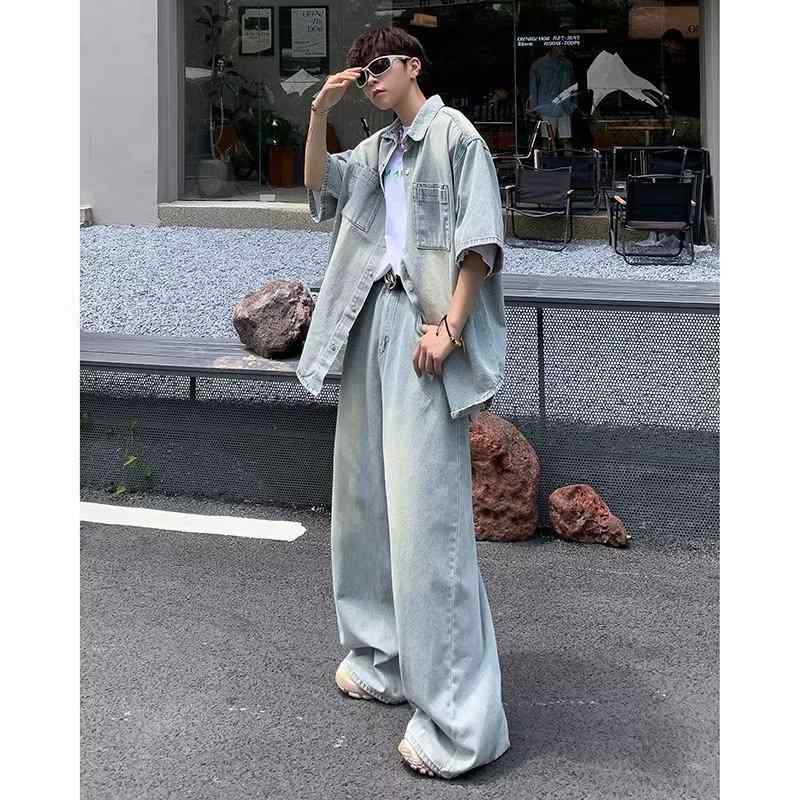 メンズ デニムセットアップ 水洗い加工 ショートスリーブ シャツ ストレートパンツ コットン 普段使い 男性用 紳士服 ライトブルー