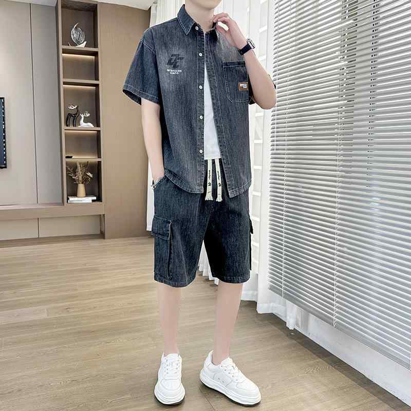 シャツ メンズ 半袖 デニム 切り替え ルーズフィット ショートパンツ セットアップ 男性用 トップス 短パン 夏 綿 ポケット付き 大?