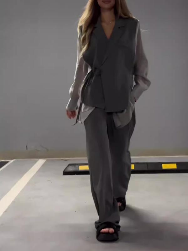 セットアップ レディース 春夏 シフォン 切り替え 不規則 長袖 トップス ストレートパンツ 通勤 オフィス カジュアル エレガント きれいめ 乳白 グレー ブラウン ホワイト ブラック S M L XL XXL2｜ブリルビ