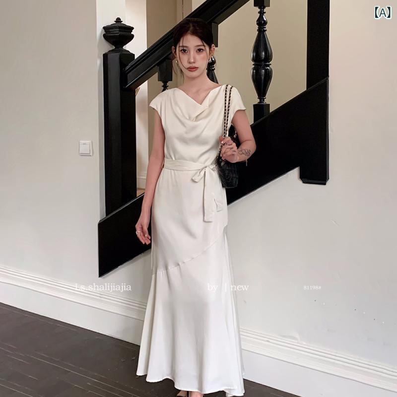 ワンピース レディース 春夏 Aライン ロング丈 ドレープネック 半袖 無地 ポリエステル エレガント 通勤 オフィス カジュアル きれいめ ブルー ブラック オフホワイト 6,621円