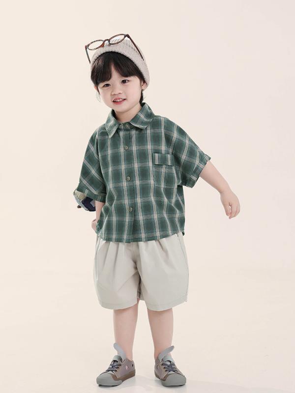 シャツ 男児 キッズ 子供服 半袖 チェック柄 トップス 薄手 綿 普段着 おしゃれ 緑 春夏2