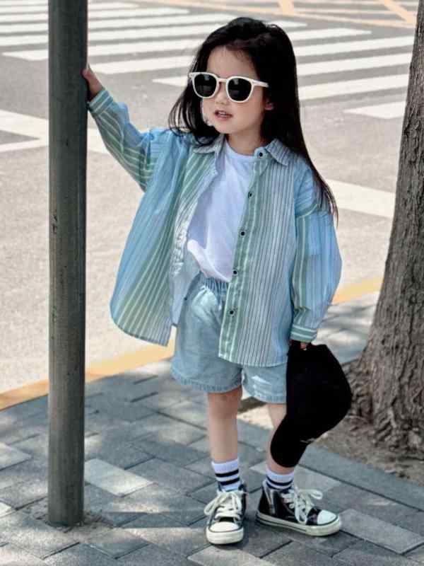 シャツ キッズ 春秋 長袖 綿 ストライプ柄 薄手 子供服 女の子 男の子 普段着 韓国