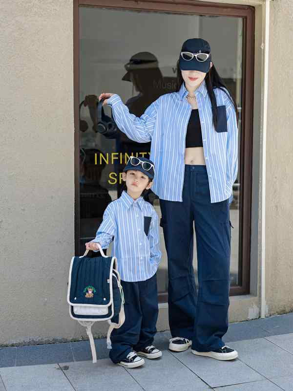 シャツ キッズ 親子 ペアルック ストライプ 長袖 コットン ワークシャツ 子供 男の子 女の子 春秋 おそろい トップス 90 100 110 120 130 140 S M