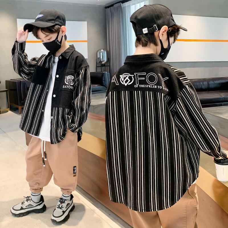 シャツ キッズ 男の子 長袖 春秋 ストライプ柄 子供服 トップス おしゃれ 普段使い 韓国 コットン