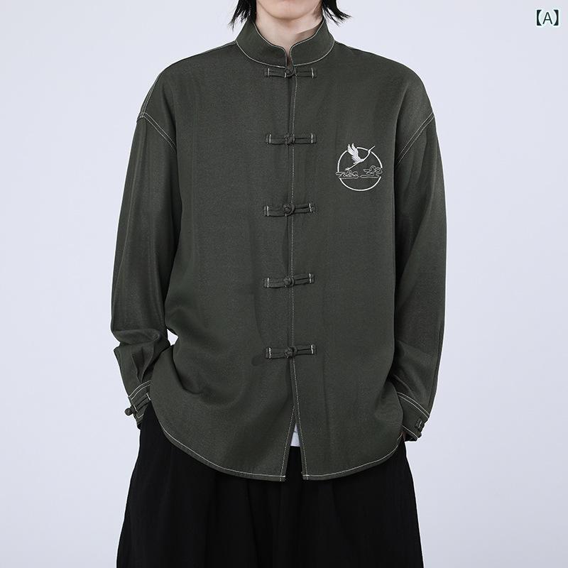 シャツ 男性用 新中式 デニムシャツ 大きいサイズ ゆったり 長袖 トップス 刺・墸 春物 カジュアル アーミーグリーン ネイビー コーヒー リネン
