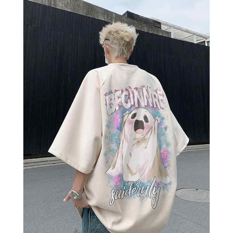 Tシャツ 男性用 半袖 薄手 ポリエステル繊維 プリント 港風 ストリート カジュアル ゆったり ラウンドネック 米白 グレー 黒 ピンク系