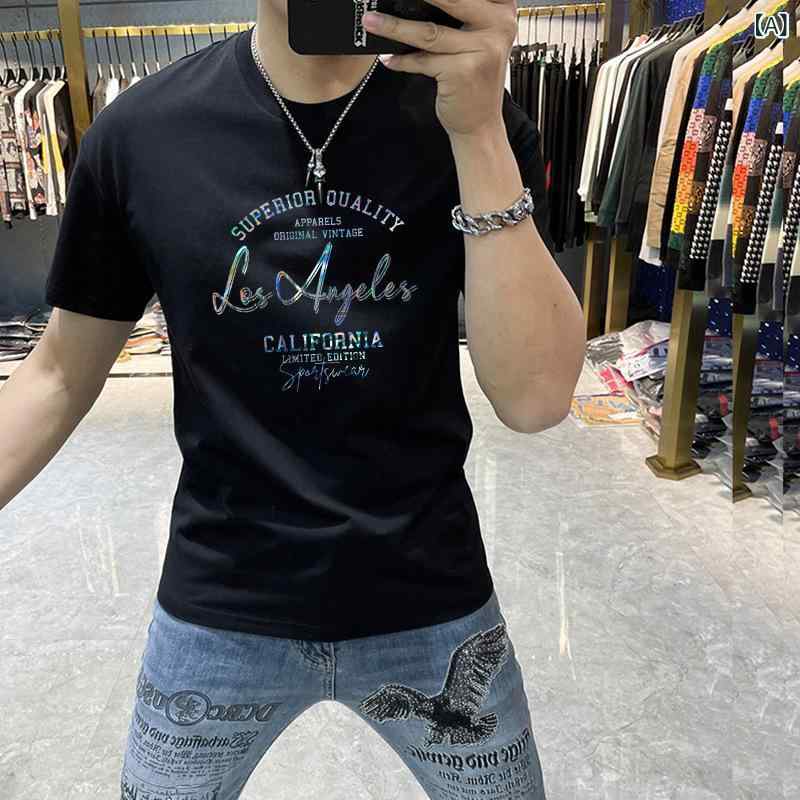 Tシャツ メンズ 男性用 半袖 トップス カットソー プリント クルーネック スリム 薄手 伸縮性 コットン カジュアル スタイル 普段使い 部屋着 ブラック ホワイト イエロー ブルー グリーン パープル グレー