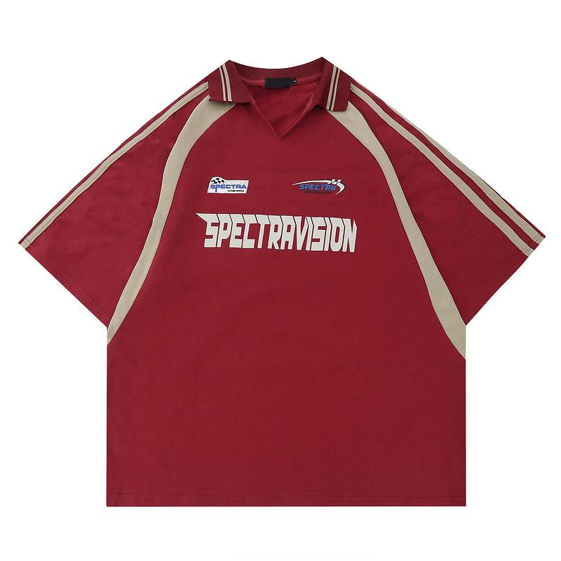 Tシャツ メンズ ストリート系 男性用 切り替え バイカラー 配色 半袖 ポロシャツ カレッジスタイル ロゴ コットン