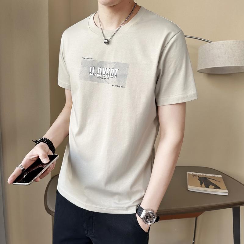 Tシャツ 男性用 半袖 トップス カットソー スリムフィット ラウンドネック プリント ロゴ ホワイト カーキ 大きいサイズ 綿 春夏