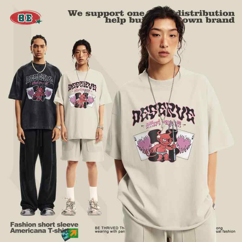 Tシャツ メンズ 男性用 ストリート コットン ウォッシュド加工 ロゴ プリント 半袖 トップス カットソー ドロップショルダー ビッグシルエット 春夏2