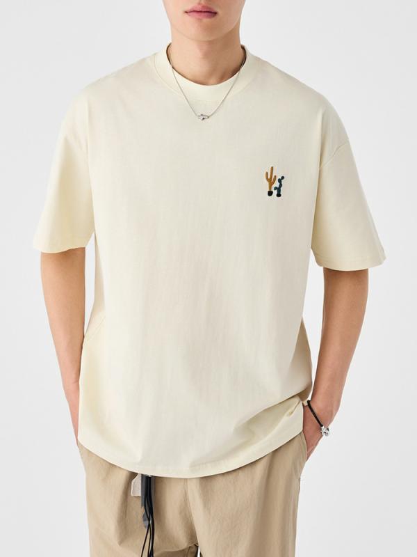 Tシャツ 男性用 コットン 刺繍 半袖 ラウンドネック トップス ファッション 普段使い 部屋着 白 黒