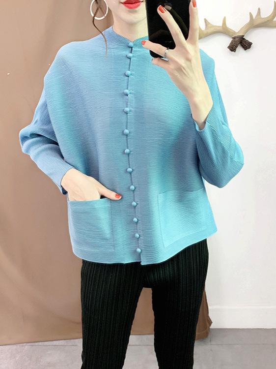 カーディガン レディース トップス 長袖 ゆったりサイズ 婦人服 ニット 大きいサイズ 体型カバー アウター 中国風 ポリエステル 薄手 無地 立襟 蝙蝠袖 春 文芸復古 快適 浅青色 杏色 灰色 ピンク色 緑色 赤色