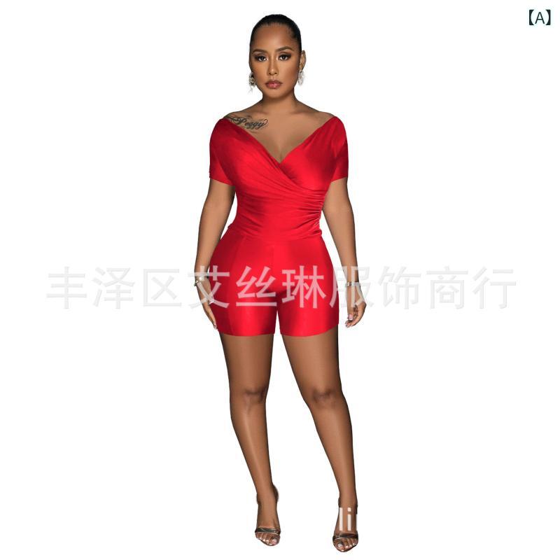 パンツ レディース 2点セット セットアップ Vネック 半袖 トップス ショートパンツ 無地 ポリエステル 伸縮性 普段使い 部屋着 レッド ブラウン ブラック ピンク系 シルバー
