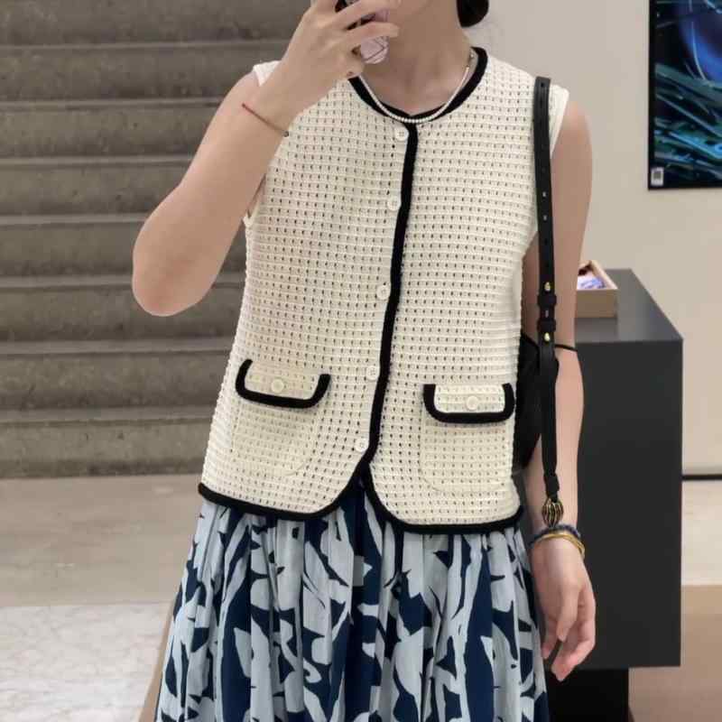 ニット レディース ベスト 配色 ラウンドネック カーディガン トップス コットン 綿 ストリート S M L XL