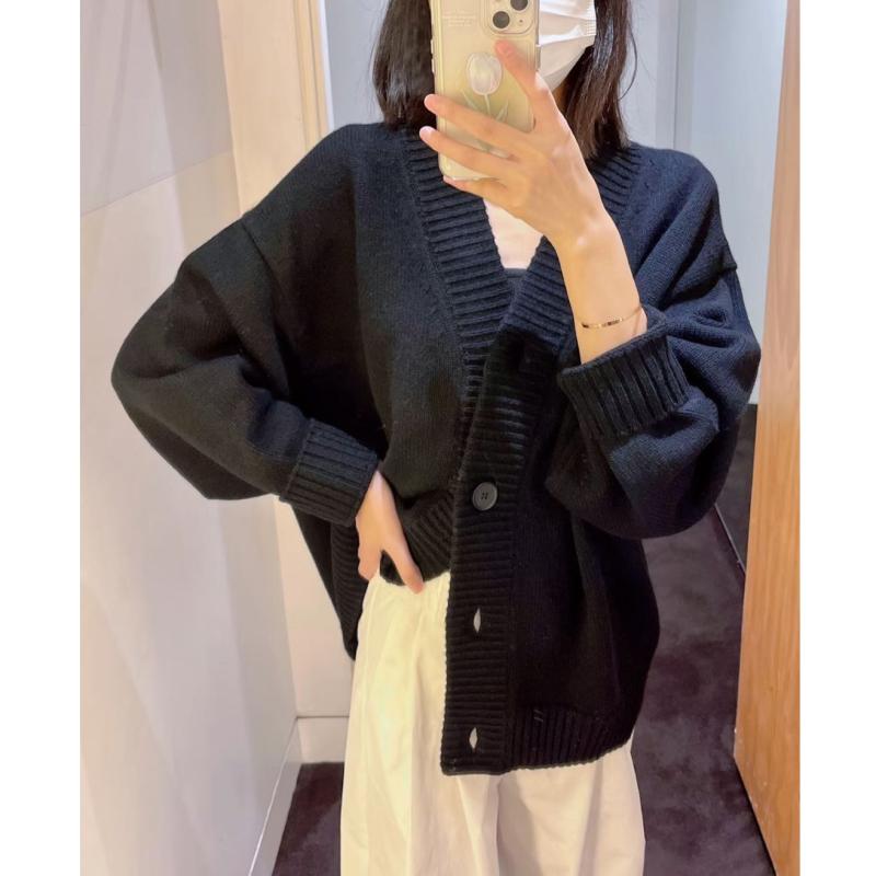 ニット レディース カーディガン Vネック リブ編み 長袖 トップス 羽織り ミディアム丈 日韓スタイル カジュアル 無地 黒 ブラック ベージュ