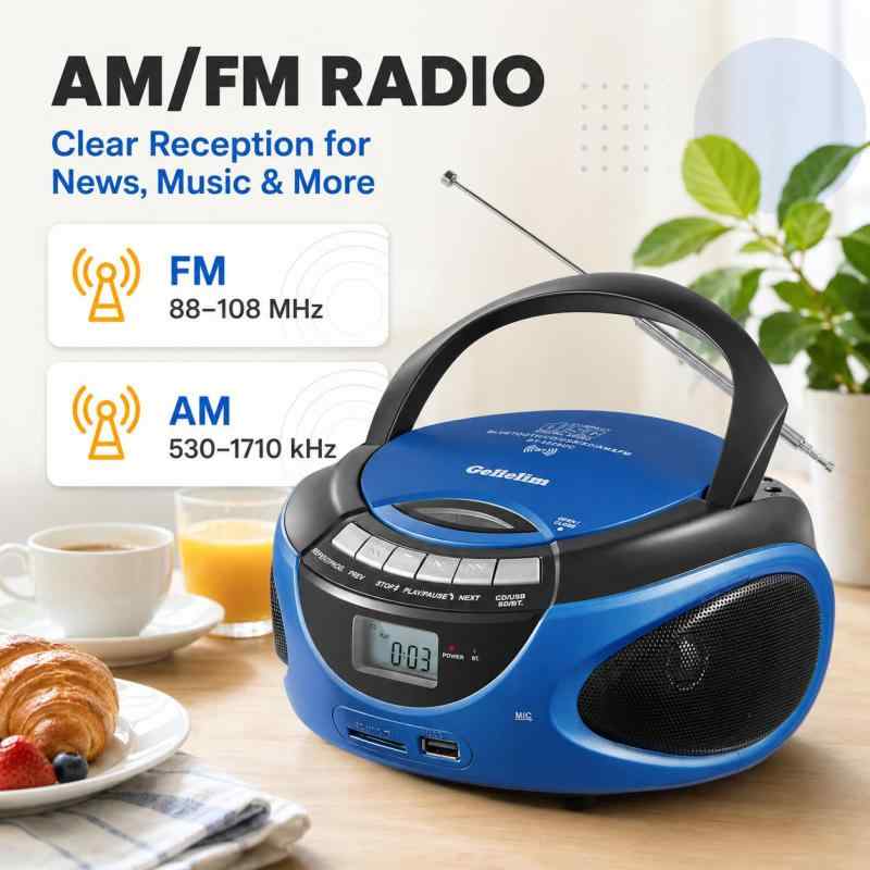 Gelielim CDプレーヤー AM/FMラジオ CD/SD/USB/AUX ステレオスピーカー内蔵 液晶ディスプレイ Boombox 音楽再生 コンセント付き&middot;電池駆動可能 3.5mmイヤホンジャック 語学学習 音楽鑑賞 幼児教育 日本｜ブリルビ