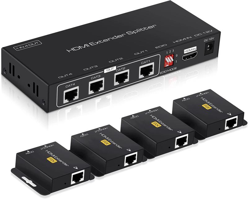 4最終生産物HDMI ローカルエリアネットワーク エクステンダー 取りひろげる分かちあう器 一斉に最終生産物 4 ローカルエリアネットワーク 最終生産物 HDMI スプリッター 単ワット数 HDMI 取りひろげる器1080P 盛りだくさん固定ディスク 50Mまで取りひろげる 1インプット 4最終生産物 4画面 CAT6 CAT6A CAT7 相応う TX 4RX 書き割り DC