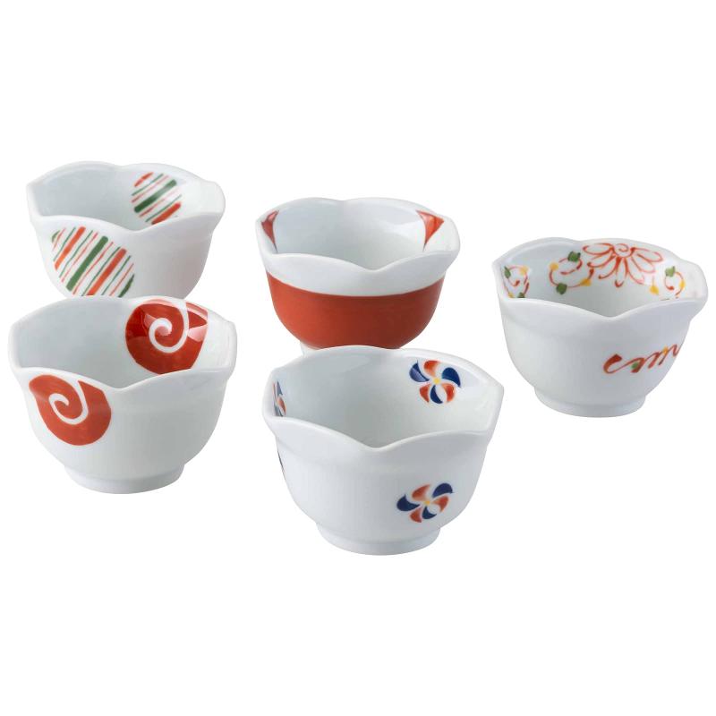 西海陶器 波佐見焼 小付 小鉢 皿 9cm 5点セット 錦絵変り 六角 日本製 20626 レッド|ブリルビ