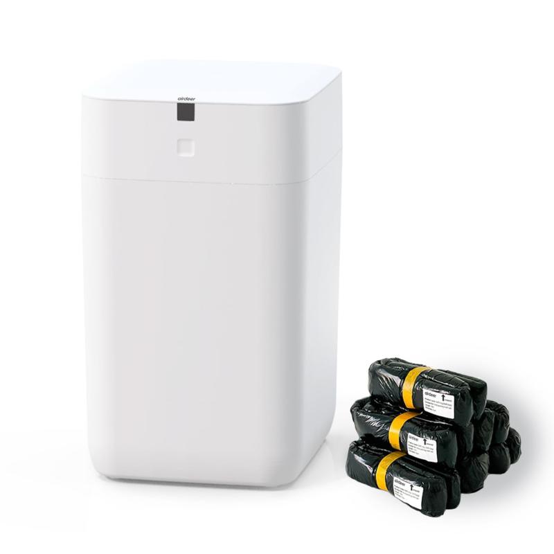 Airdeer 全自動ゴミ箱 自動梱包 自動開閉 15L 電動ゴミ箱 センサー付き 生ゴミ キッチン オムツ 猫砂 日本語音声ガイド機能 ホワイト(本体セット+補充用袋リング6個)