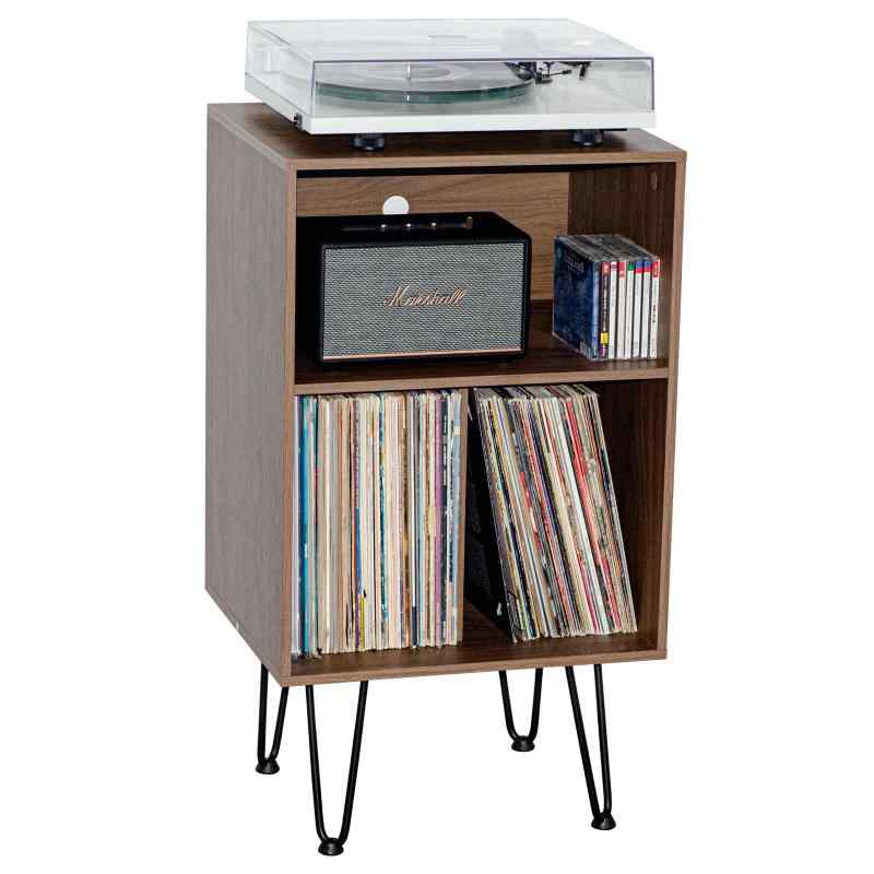 レコードプレーヤースタンド レコードラック レコード棚 3段 木製 ターンテーブルスタンド レコード収納 金属脚付き リビングルーム ベッドルーム オフィス用 60~80枚入り MayRecords