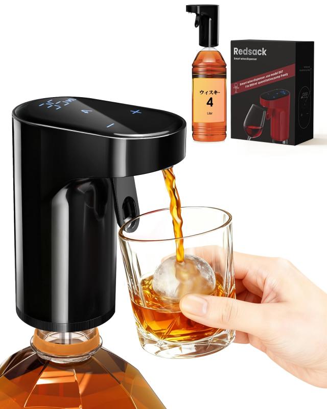 Redsack ウイスキー ポンプ 4L・2.7L瓶対応 電動 定量調整可（1~999ml） 計量ディスペンサー お酒ポンプ 充電式ワインデカンター ポアラー 自動ワインエアレーター ウイスキーサーバー デジタル