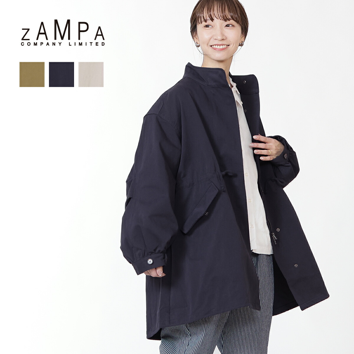 ZAMPA ミリタリー ジャケット ミドル丈 ザンパ レディース アウター 綿 ナイロン Fサイズ 軽め 羽織り 無地 シンプル カジュアル キレイめ 着回し ドローストリング 比翼仕立て ゆったり 新作 40代 50代 60代 ファッション 8,026円